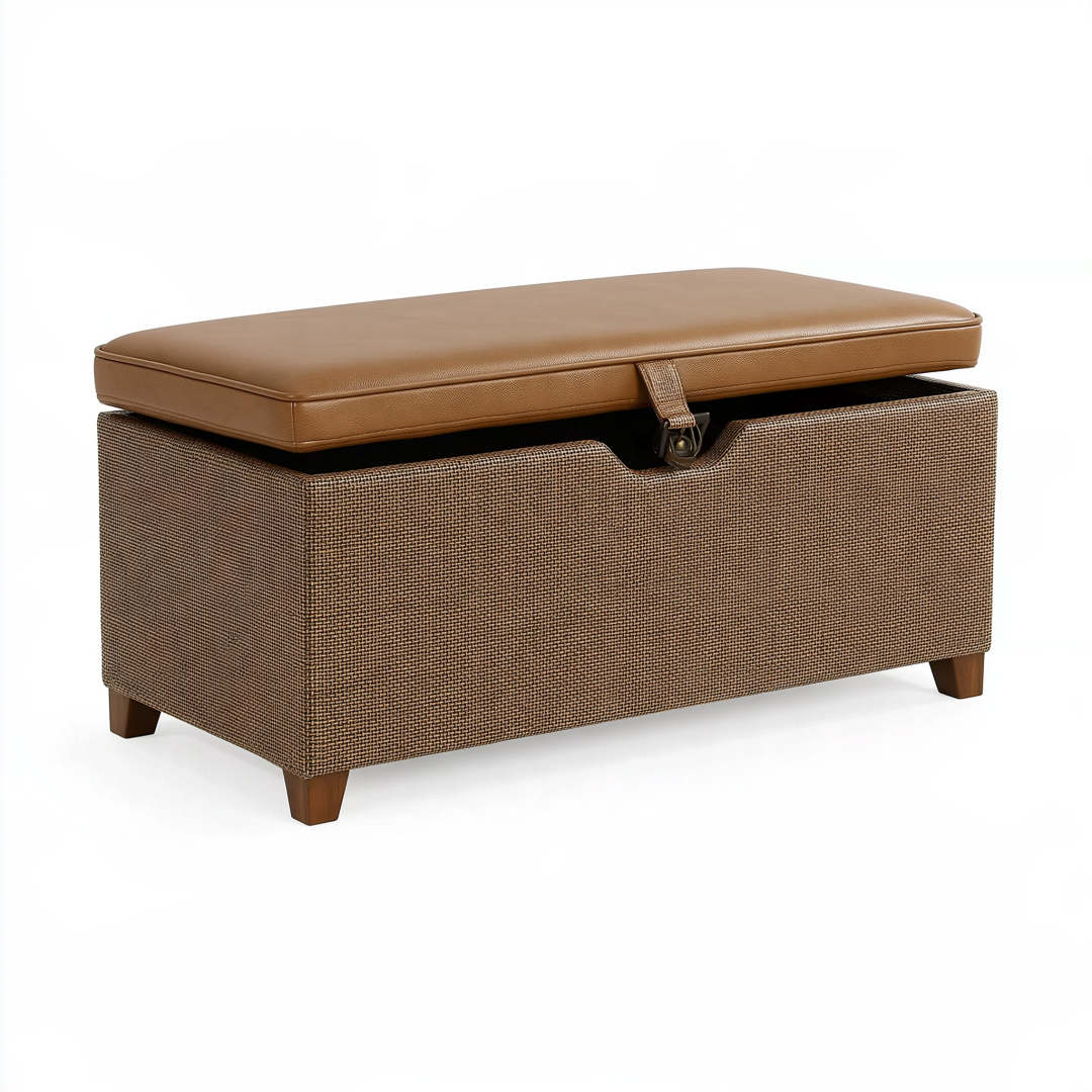 Banc coffre de rangement 100 x 40 x 45 cm en tissu et similicuir marron style contemporain