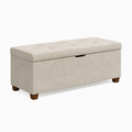 Banc coffre de rangement 110 cm en tissu beige avec pieds en bois style contemporain