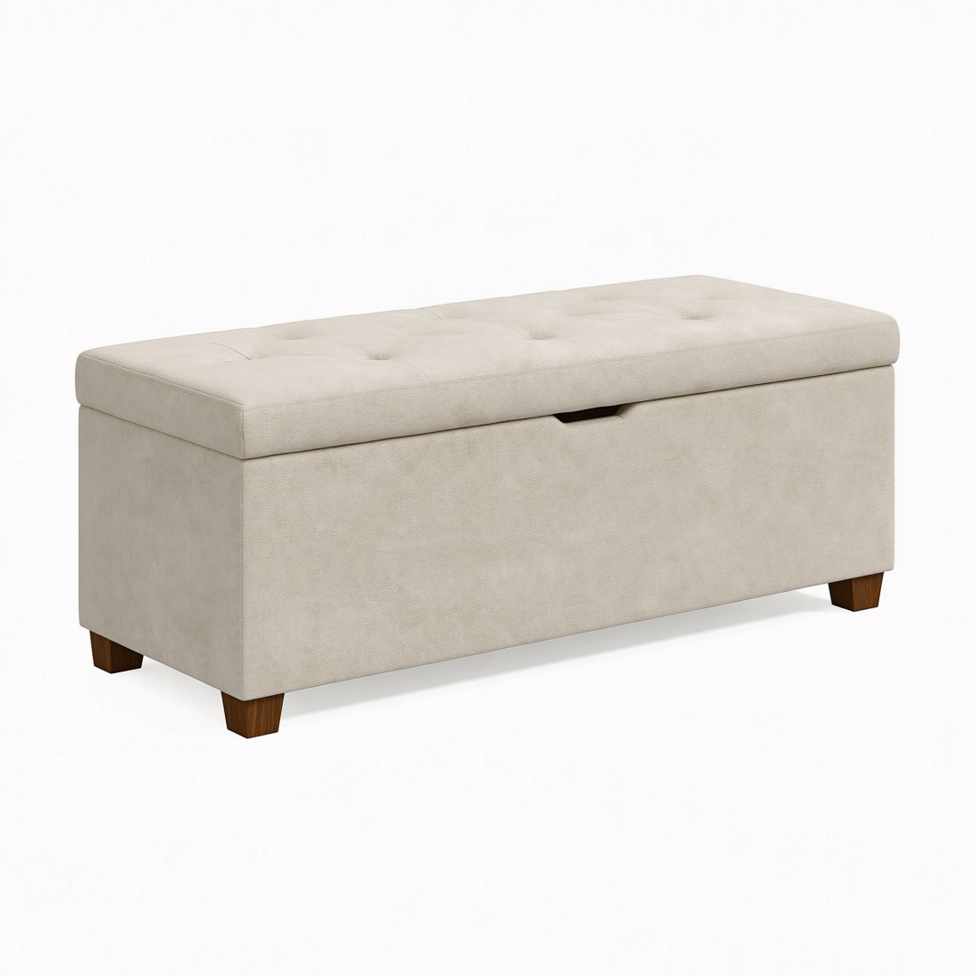 Banc coffre de rangement 110 cm en tissu beige avec pieds en bois style contemporain