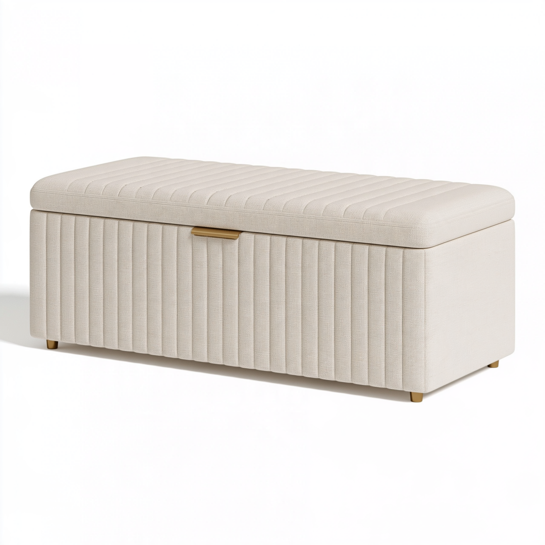 Banc coffre de rangement 120 x 45 x 48 cm en tissu crème capitonné style contemporain