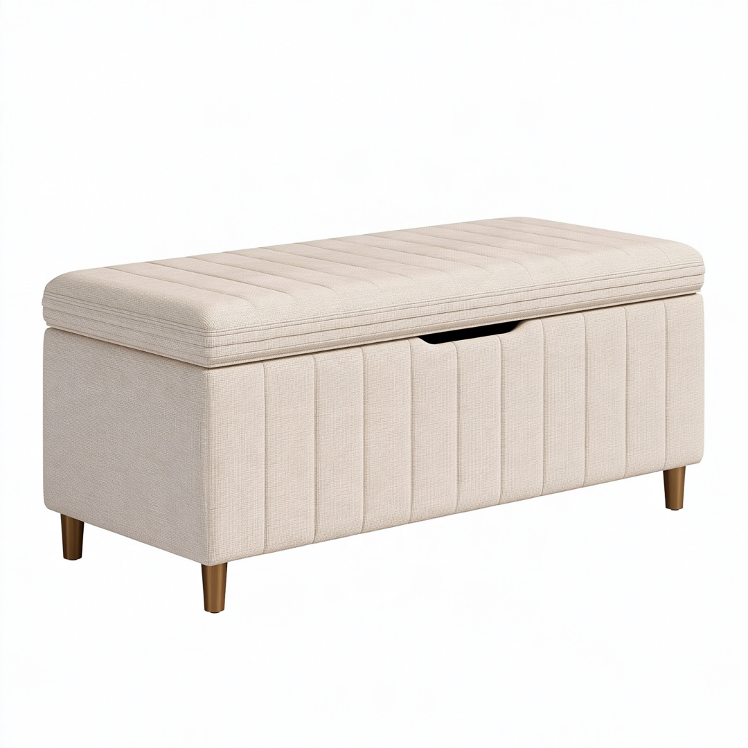 Banc coffre de rangement 110 cm en tissu beige avec assise capitonnée