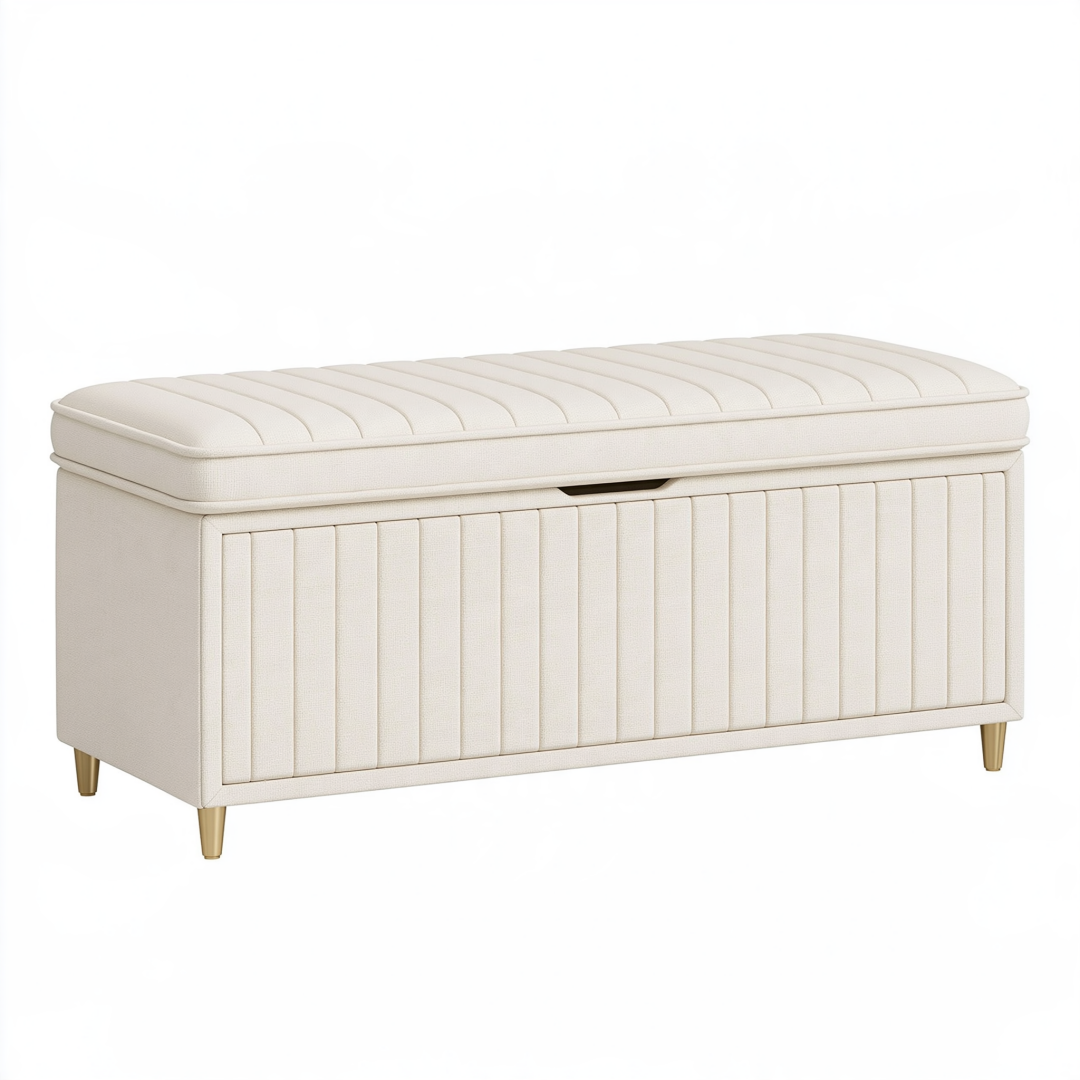 Banc coffre de rangement 100 x 40 x 48 cm en tissu crème avec assise rembourrée style contemporain