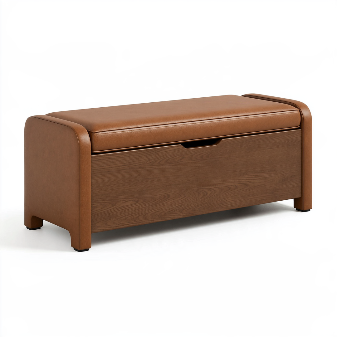 Banc coffre de rangement 110 cm en bois et revêtement aspect cuir marron avec assise rembourrée