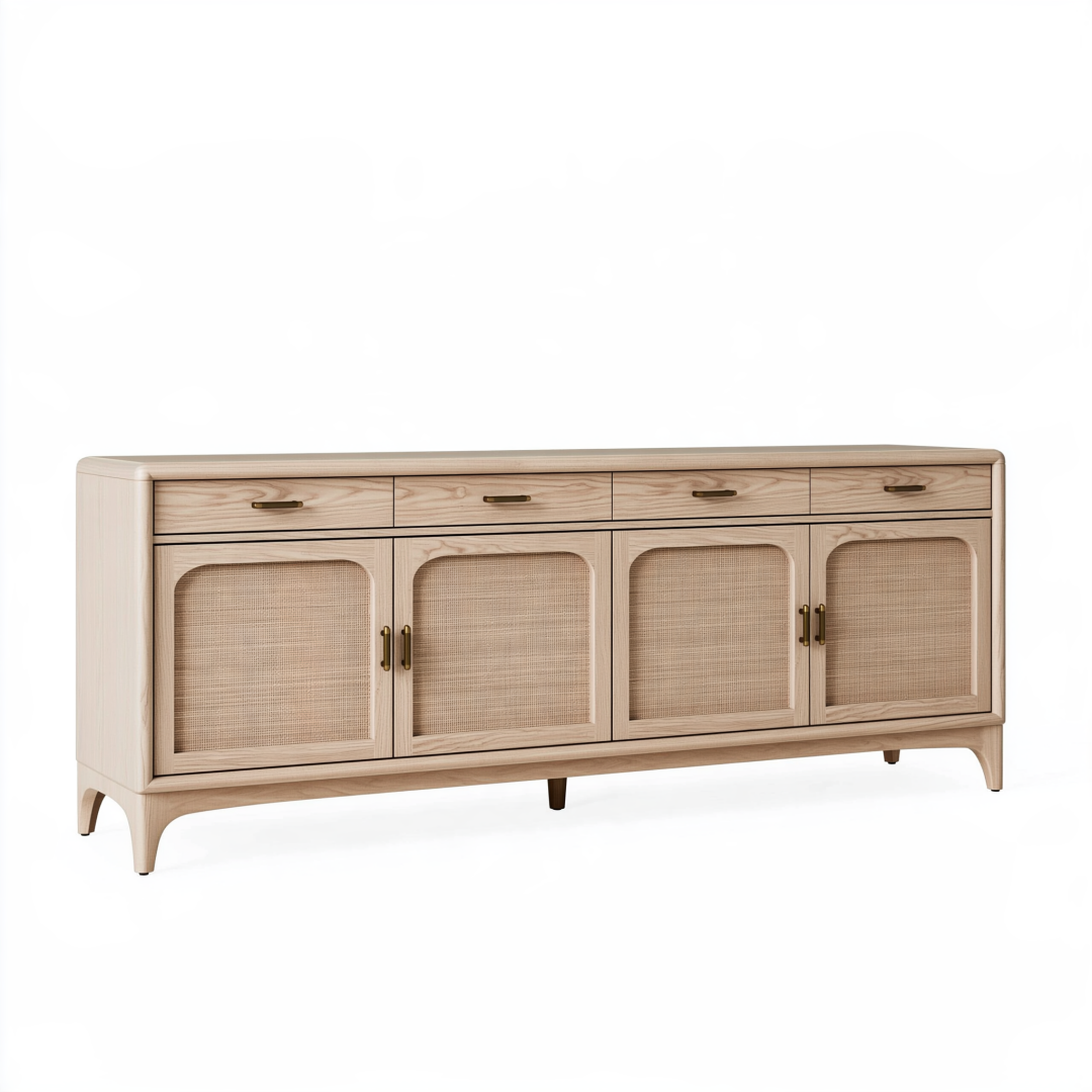 Buffet 180 x 45 x 85 cm en bois naturel et cannage - rangement style vintage