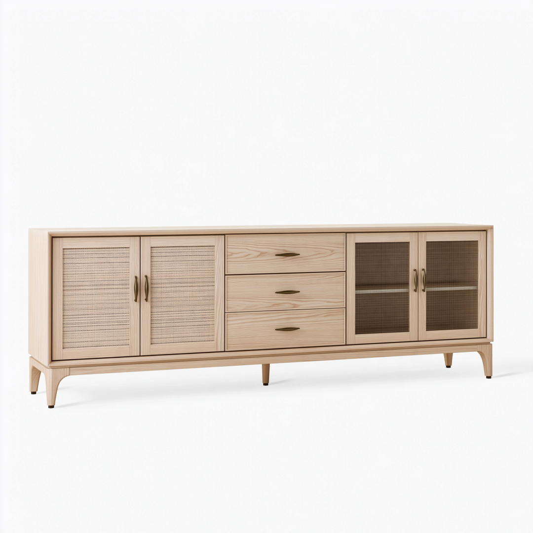 Buffet 180 x 40 x 75 cm en bois beige avec cannage et rangement style rétro