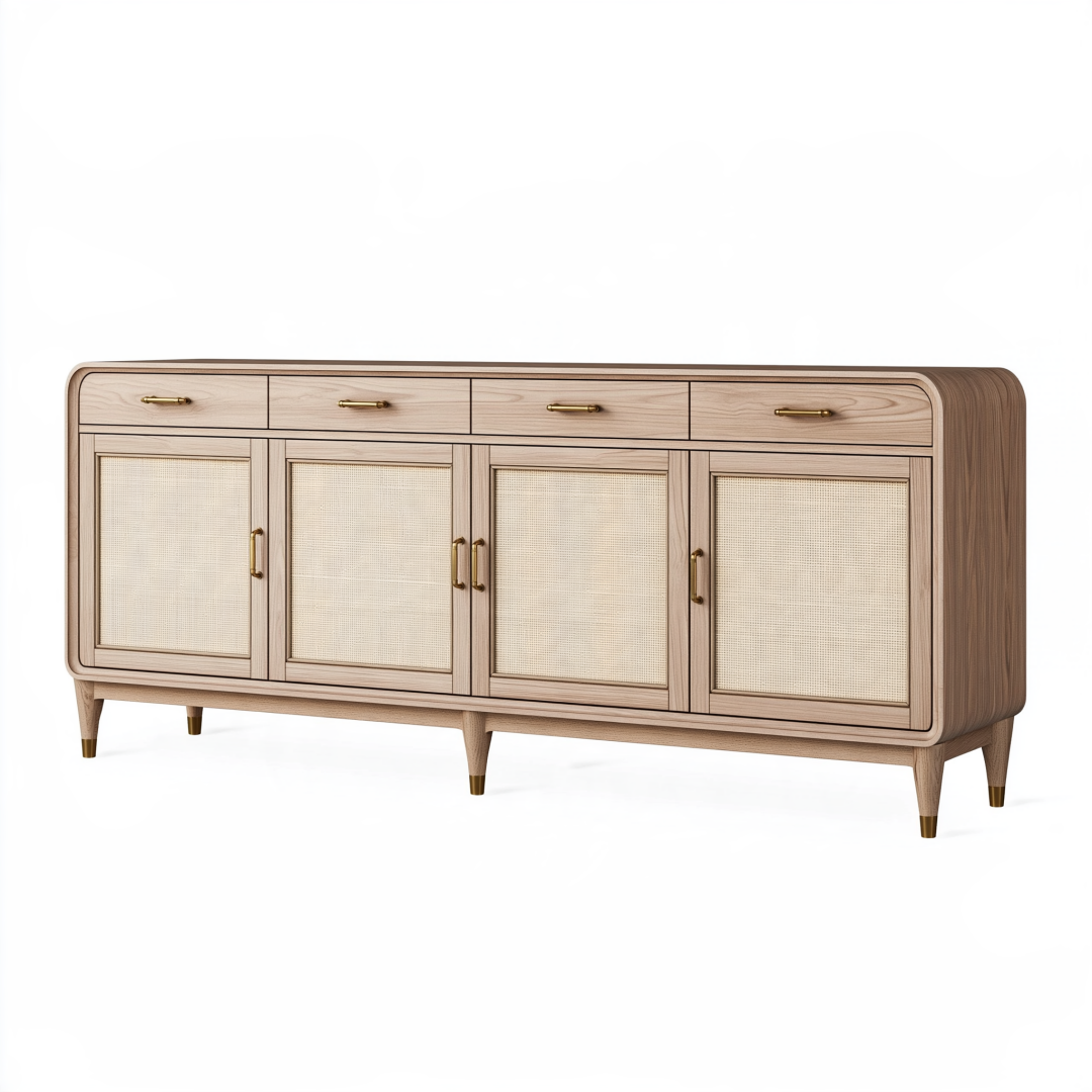 Buffet 180 cm en bois beige avec cannage - rangement style rétro
