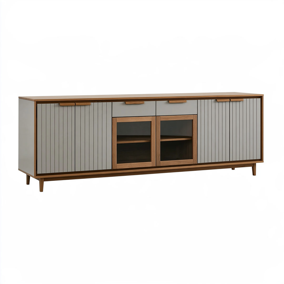 Buffet 180 x 40 x 75 cm en bois gris et noyer avec portes vitrées style rétro