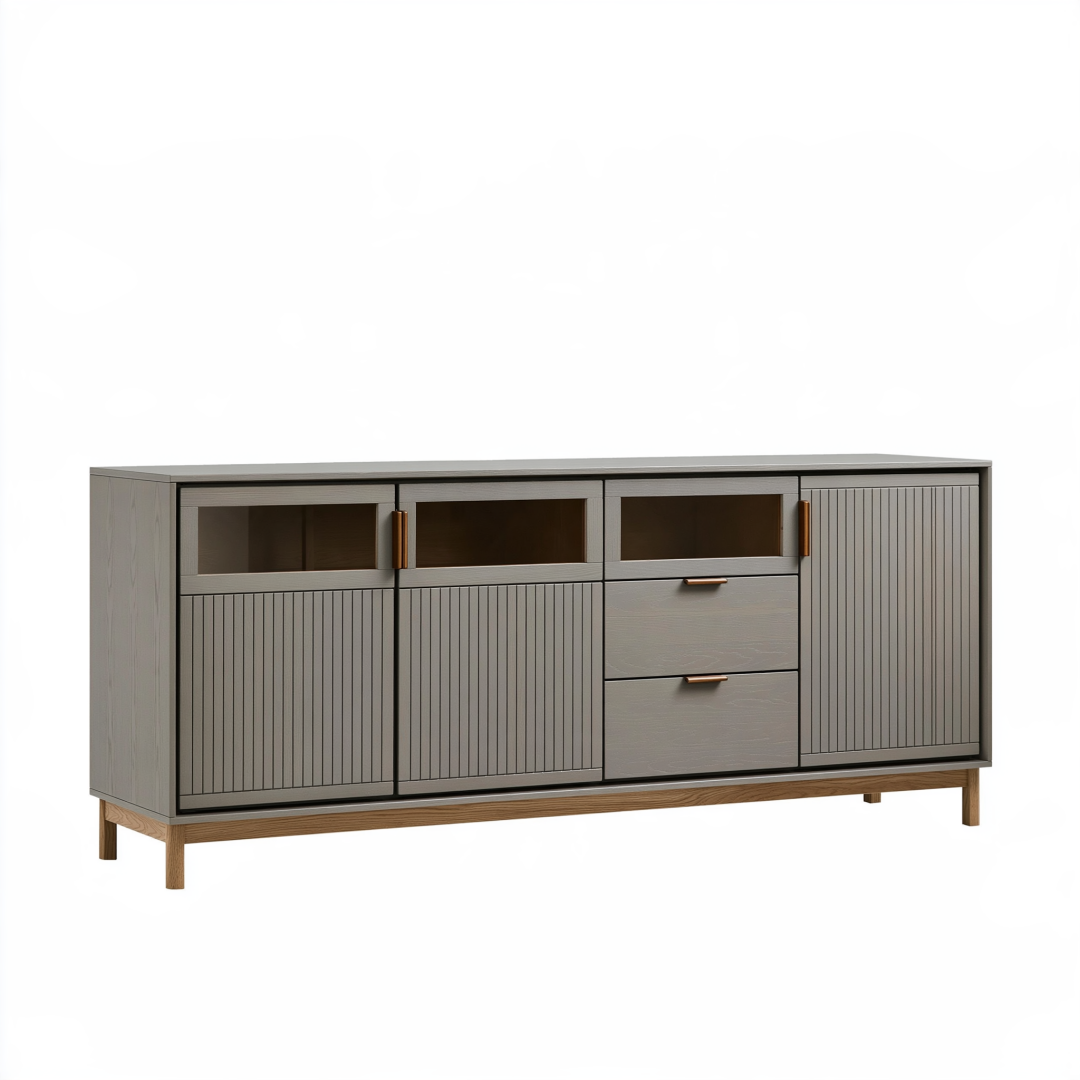 Buffet 180 x 45 x 85 cm en bois gris avec portes vitrées et tiroirs style contemporain