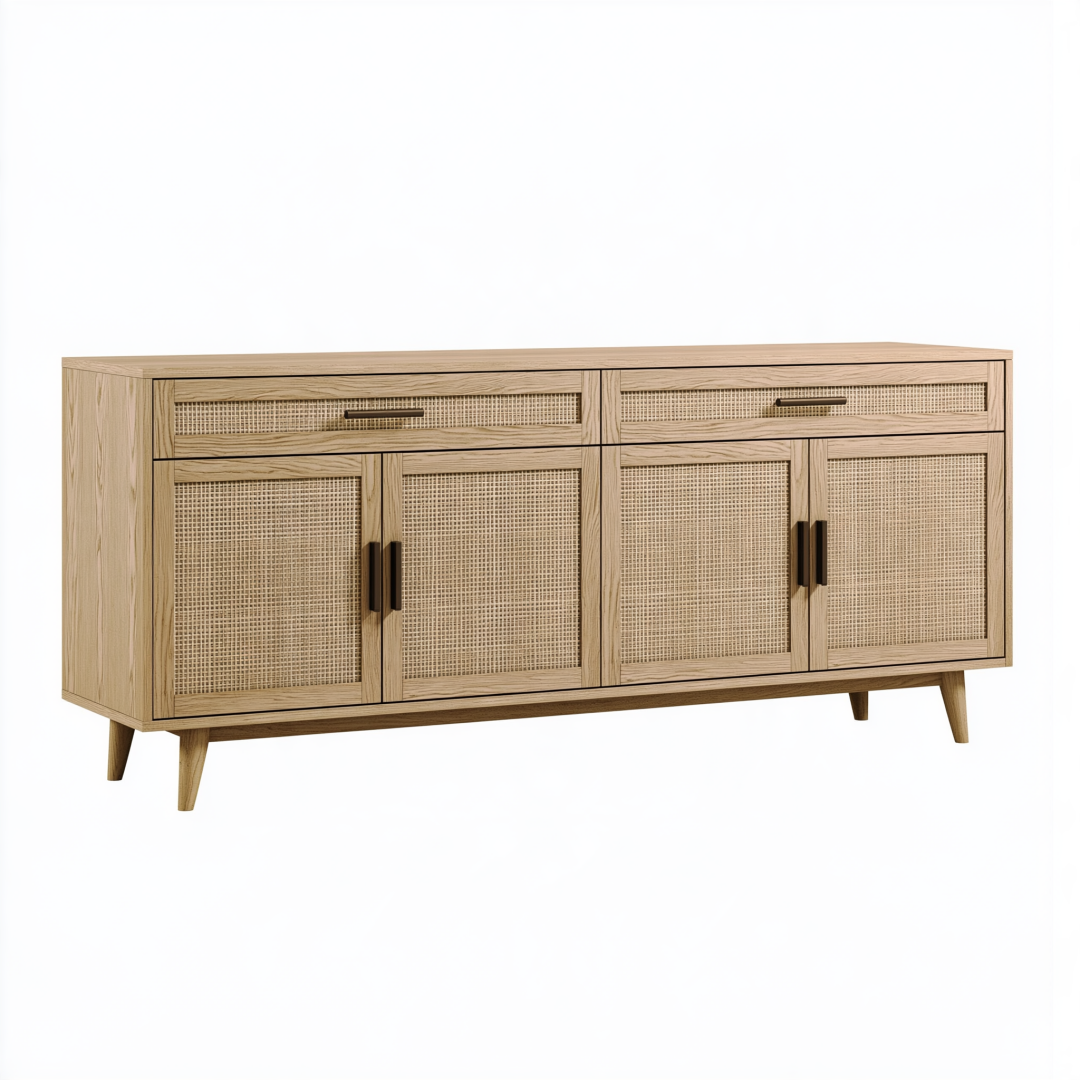 Buffet 180 x 45 x 85 cm en bois naturel et cannage beige - rangement style rétro