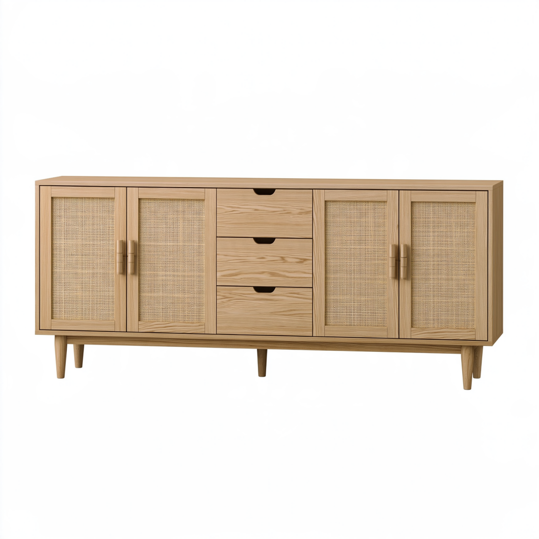 Buffet 180 x 40 x 75 cm en bois naturel et cannage - rangement style scandinave