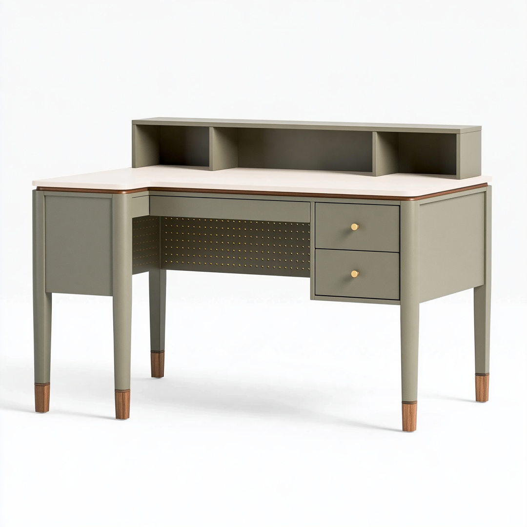 Bureau 120 x 60 cm en panneaux de bois kaki blanc avec tiroirs et rangements