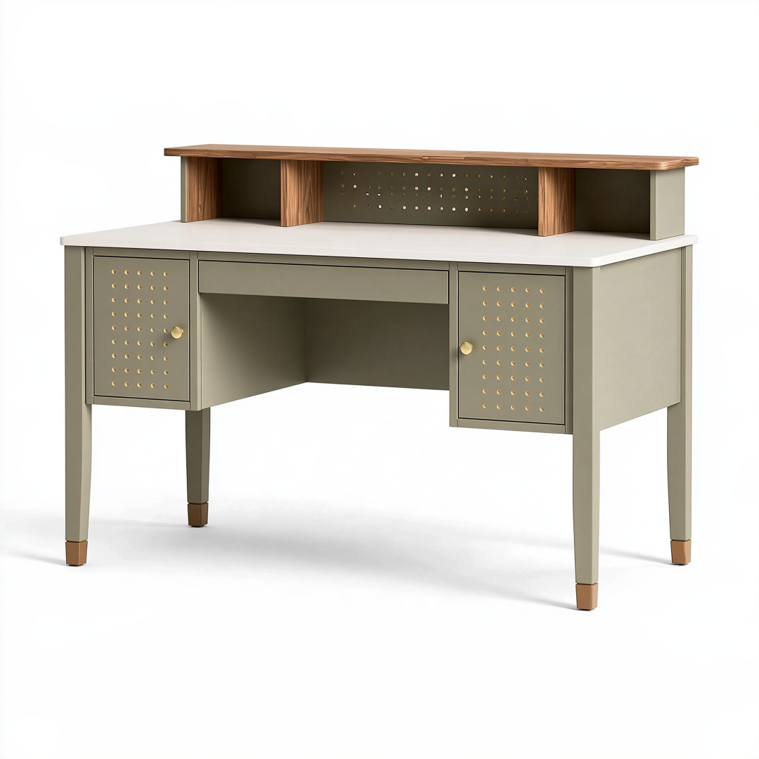 Bureau de rangement 120 x 60 x 90 cm en panneaux de bois vert gris blanc et noyer style contemporain