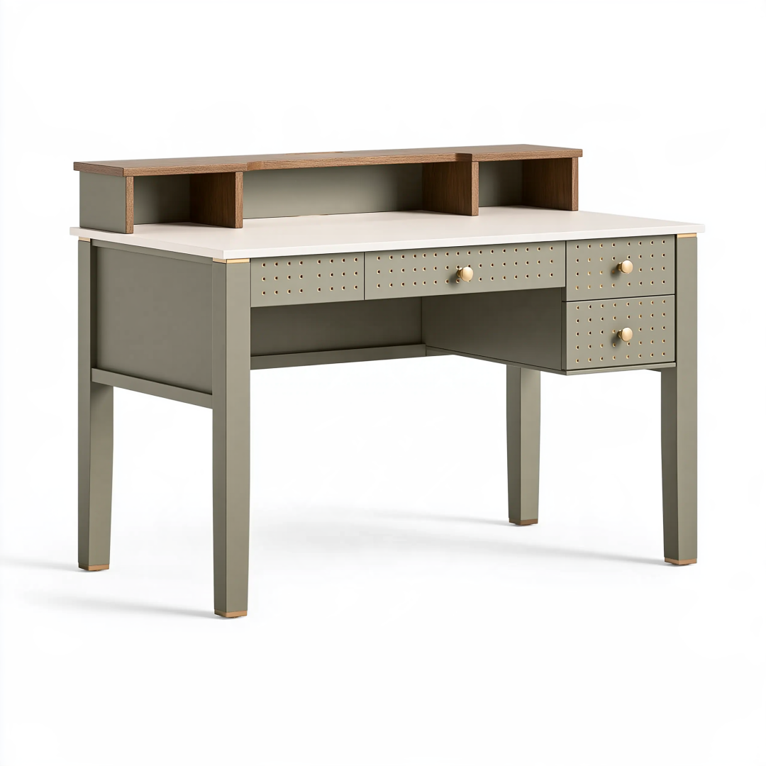 Bureau 120 x 60 x 90 cm en panneaux de bois vert kaki et brun avec rangements
