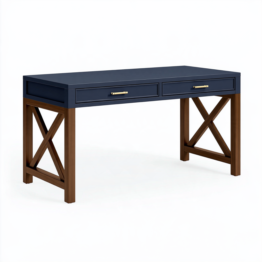 Bureau 140 cm en bois bleu marine et brun avec 2 tiroirs style classique
