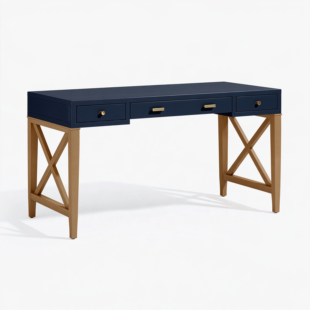 Bureau 140 x 60 x 76 cm en bois bleu marine et naturel avec 3 tiroirs style classique