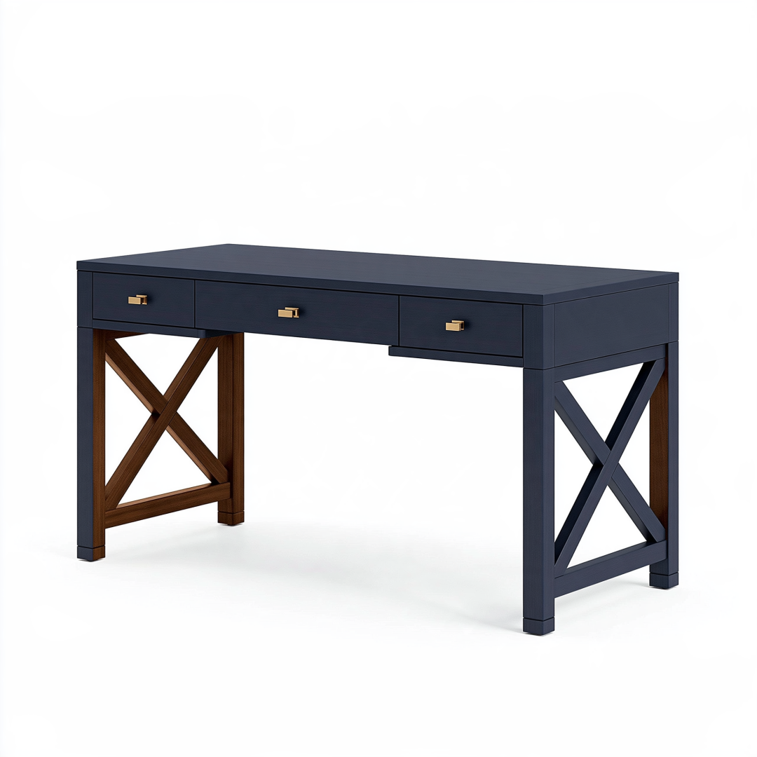Bureau 140 x 60 x 76 cm en bois bleu marine et marron avec 3 tiroirs style classique