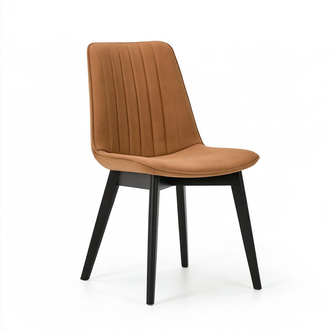 Chaise de salle à manger 48 x 55 x 84 cm en similicuir camel avec pieds métalliques noirs style contemporain