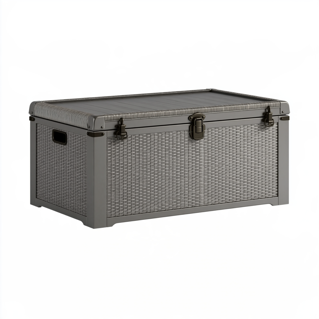 Coffre de rangement 120 x 50 x 55 cm en résine tressée gris avec couvercle style contemporain