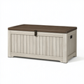 Coffre de rangement extérieur 120 x 60 x 65 cm en résine beige et marron avec couvercle à fermoir