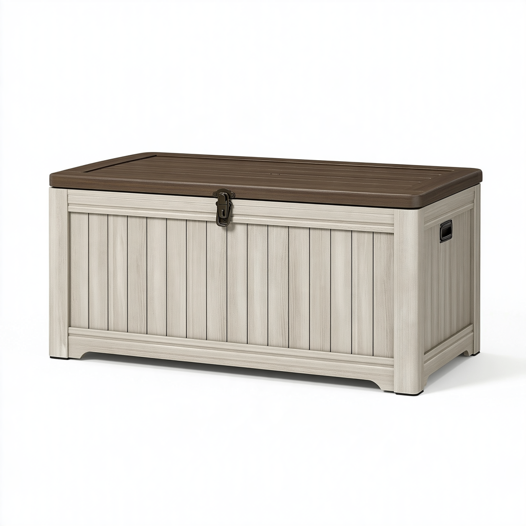 Coffre de rangement extérieur 120 x 60 x 65 cm en résine beige et marron avec couvercle à fermoir