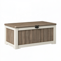 Coffre de rangement extérieur 120 x 60 x 63 cm en résine taupe et blanc cassé style imitation bois avec couvercle