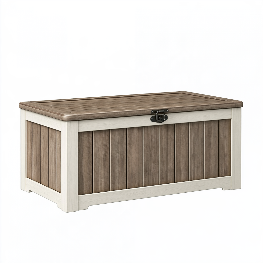 Coffre de rangement extérieur 120 x 60 x 63 cm en résine taupe et blanc cassé style imitation bois avec couvercle