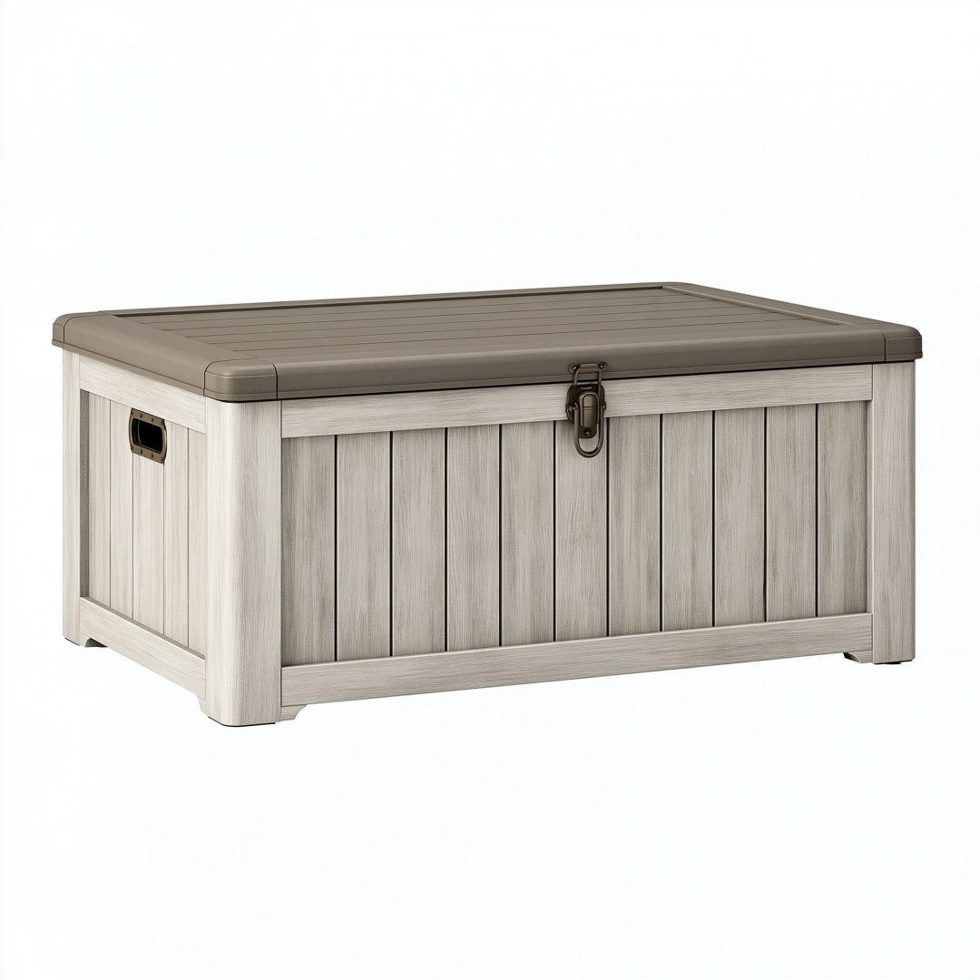 Coffre de rangement 120 x 60 x 63 cm en résine gris beige pour extérieur avec couvercle verrouillable