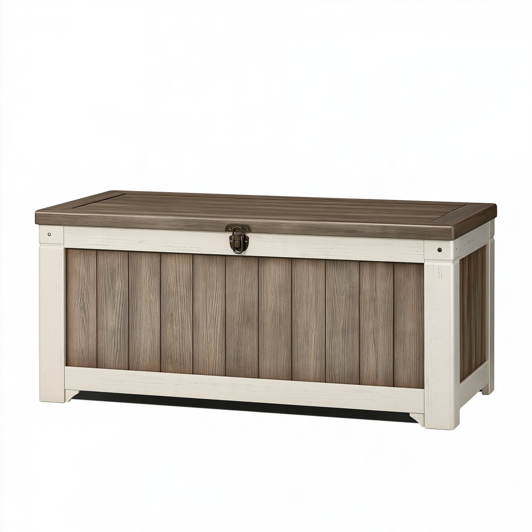 Coffre de rangement 120 x 45 x 50 cm en bois marron et blanc style rustique avec couvercle